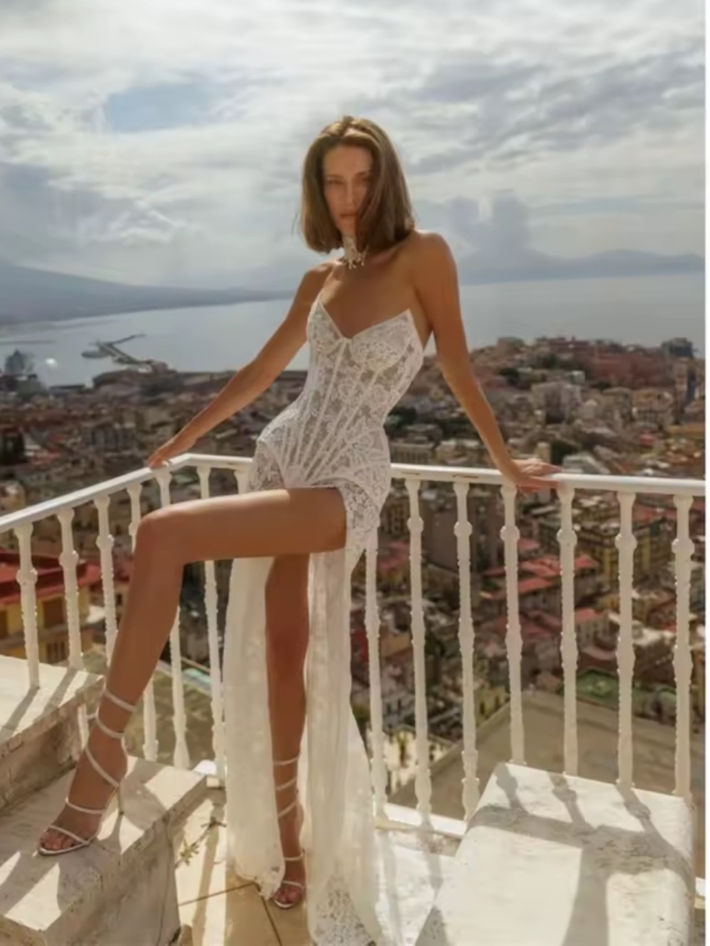 White Lace High-Slit Corset Maxi Dress